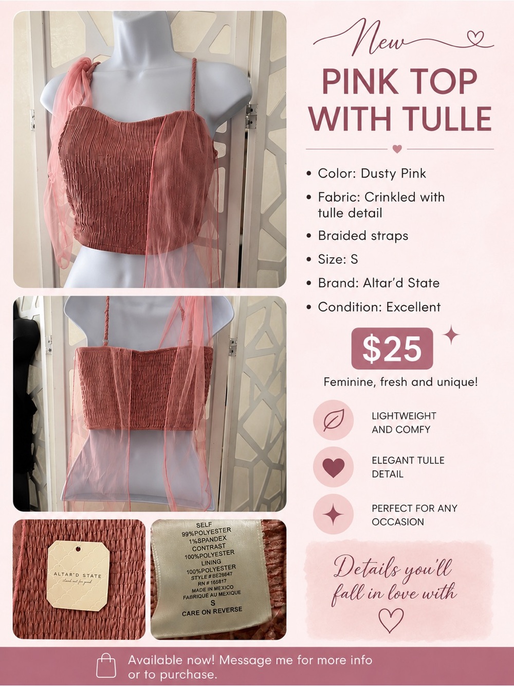Altar'd State Dusty Rose Crinkled Tulle Crop Top